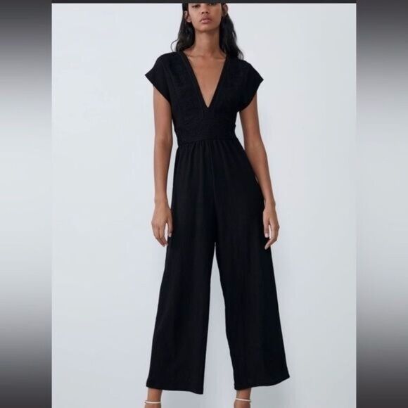 Zara Black Contrasting Short Sleeve V-Neck Open Back Jumpsuit Size M - Picture 1 of 11